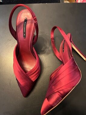 Zara Wine Red Satin Pointed Slingback Heels